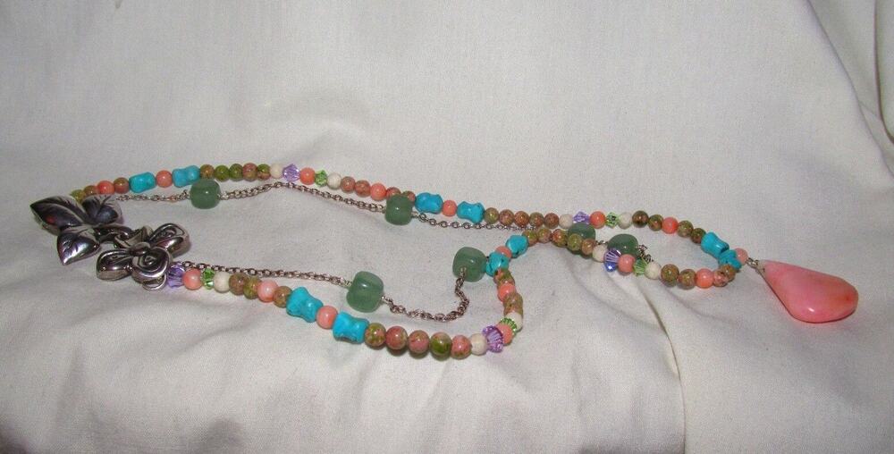 Sterling Silver 925 Floral Natural Multi Gem Conch Aventurine Boho Necklace 15"